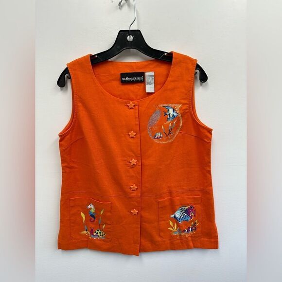 Vintage 90’s Orange Fish Ocean Theme Linen Sleeveless Top Vest Size M - Picture 4 of 10